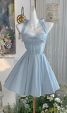 Blue Halter Neck A-Line Satin Short Prom Dresses Homecoming Dress with Open Back HZ1024