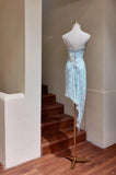 Light Blue Spaghetti Straps Sheath Lace Short Party Dresses HZ1024