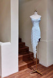 Light Blue Spaghetti Straps Sheath Lace Short Party Dresses HZ1024