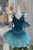 Gradient Jade V-neck A-Line Tulle Short Party Dresses Sweetheart 16 Birthday Dress HZ1024