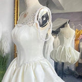 White Square Neck A-Line Short Satin Birthday Evening Gowns Sweet Party Dress with Pearls HZ1024