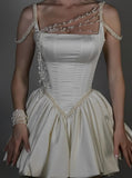 White Square Neck A-Line Short Satin Birthday Evening Gowns Sweet Party Dress with Pearls HZ1024