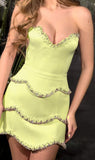 Pink Strapless Sheath Short Satin Evening Gowns Gorgeous Birthday Party Dress with Beading HZ1024