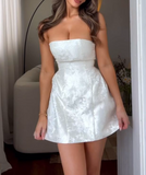 White Strapless A-Line Jacquard Satin Short Prom Dresses Formal Evening Gowns HZ1024