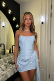 Light Blue Strapless Bodycon Glitter Satin Short Prom Dresses Formal Evening Gowns HZ1024