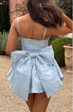 Blue Spaghetti Straps A-Line Jacquard Satin Short Prom Dresses Sweetheart 17 Birthday Evening Gowns HZ1024