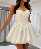 White Strapless A-Line Satin Short Prom Dresses Fashion Homecoming Dress HZ1024