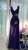 Dark Purple V Neck Sheath Chiffon Long Prom Dresses Formal Evening Gowns HZ1024