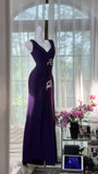 Dark Purple V Neck Sheath Chiffon Long Prom Dresses Formal Evening Gowns HZ1024