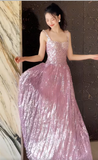 Square Neck A-Line Sequins Long Prom Dresses Sweet Birthday Evening Gowns HZ1024
