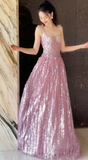 Square Neck A-Line Sequins Long Prom Dresses Sweet Birthday Evening Gowns HZ1024