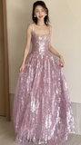 Square Neck A-Line Sequins Long Prom Dresses Sweet Birthday Evening Gowns HZ1024
