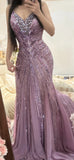 Purple V-neck Mermaid Beaded Chiffon Long Prom Dresses Vintage Evening Gowns HZ1024