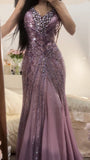 Purple V-neck Mermaid Beaded Chiffon Long Prom Dresses Vintage Evening Gowns HZ1024