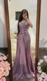 Purple V-neck Mermaid Beaded Chiffon Long Prom Dresses Vintage Evening Gowns HZ1024