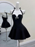 Black Halter A-Line Satin Short Evening Gowns Sweet Homecoming Dress HZ1024