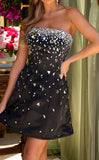 Black Strapless A-line Satin Short Evening Gowns Sweet 17 Dress with Diamonds HZ1024
