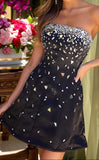 Black Strapless A-line Satin Short Evening Gowns Sweet 17 Dress with Diamonds HZ1024