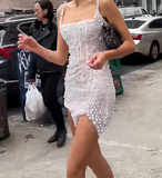 White Square Neck Sheath Beaded Short Wedding Dress Birthday Evening Gowns HZ1024