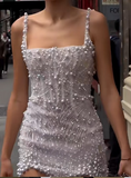 White Square Neck Sheath Beaded Short Wedding Dress Birthday Evening Gowns HZ1024