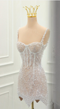 White Square Neck Sheath Beaded Short Wedding Dress Birthday Evening Gowns HZ1024