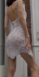White Square Neck Sheath Beaded Short Wedding Dress Birthday Evening Gowns HZ1024