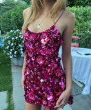 Deep Fuchsia Spaghetti Strap Sheath Sequin Short Party Dressees HZ1024