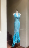 Blue V Neck Mermaid Chiffon Beaded Prom Dresses Elegant Wedding Guest Dress HZ1024