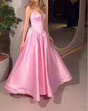 Pink Strapless A-Line Satin Long Prom Dresses Formal Evening Gowns HZ1024