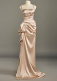 Champagne Square Neck Sheath Satin Long Prom Dresses Formal Evening Gowns HZ1024