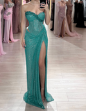 Turquoise Strapless Sheath Glitter Two-Piece Prom Dresses Formal Evening Gowns with Slits HZ1024