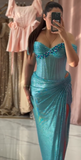 Turquoise Strapless Sheath Glitter Two-Piece Prom Dresses Formal Evening Gowns with Slits HZ1024