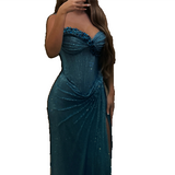 Turquoise Strapless Sheath Glitter Two-Piece Prom Dresses Formal Evening Gowns with Slits HZ1024