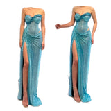 Turquoise Strapless Sheath Glitter Two-Piece Prom Dresses Formal Evening Gowns with Slits HZ1024