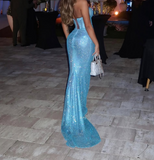 Blue V-Neck Mermaid Long Prom Dresses Formal Evening Gowns HZ1024