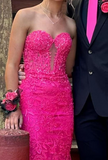 Hot Pink Sweetheart Mermaid Tulle Applique Long Prom Dresses Formal Evening Gowns HZ1024