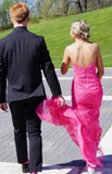Hot Pink Sweetheart Mermaid Tulle Applique Long Prom Dresses Formal Evening Gowns HZ1024
