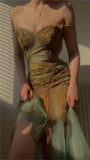 Spaghetti Straps Sheath Tulle Beaded Long Prom Dresses Elegant Evening Gowns HZ1024