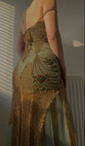 Spaghetti Straps Sheath Tulle Beaded Long Prom Dresses Elegant Evening Gowns HZ1024