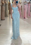 Light Blue Square Neck Sheath Beading Long Prom Dresses Fashion Formal Evening Gowns with Slits HZ1024