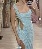 Light Blue Square Neck Sheath Beading Long Prom Dresses Fashion Formal Evening Gowns with Slits HZ1024