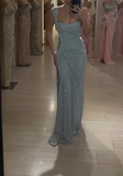 Light Blue Square Neck Sheath Beading Long Prom Dresses Fashion Formal Evening Gowns with Slits HZ1024