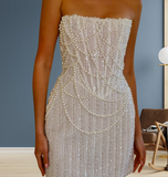 White Strapless Bodycon Beaded Short Evening Dress Birthday Party Dress HZ1024
