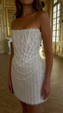White Strapless Bodycon Beaded Short Evening Dress Birthday Party Dress HZ1024