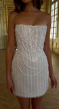 White Strapless Bodycon Beaded Short Evening Dress Birthday Party Dress HZ1024