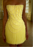White Strapless Bodycon Beaded Short Evening Dress Birthday Party Dress HZ1024