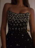 Black Strapless Sheath Satin Beaded Short Party Dresses Fashionable Homecoming Dress HZ1024