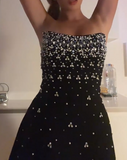 Black Strapless Sheath Satin Beaded Short Party Dresses Fashionable Homecoming Dress HZ1024