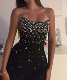 Black Strapless Sheath Satin Beaded Short Party Dresses Fashionable Homecoming Dress HZ1024