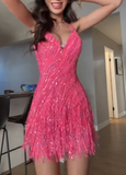 Hot Pink Spaghetti Straps A-Line Beaded Sequins Short Prom Dresses Fashion Party Dresses HZ1024